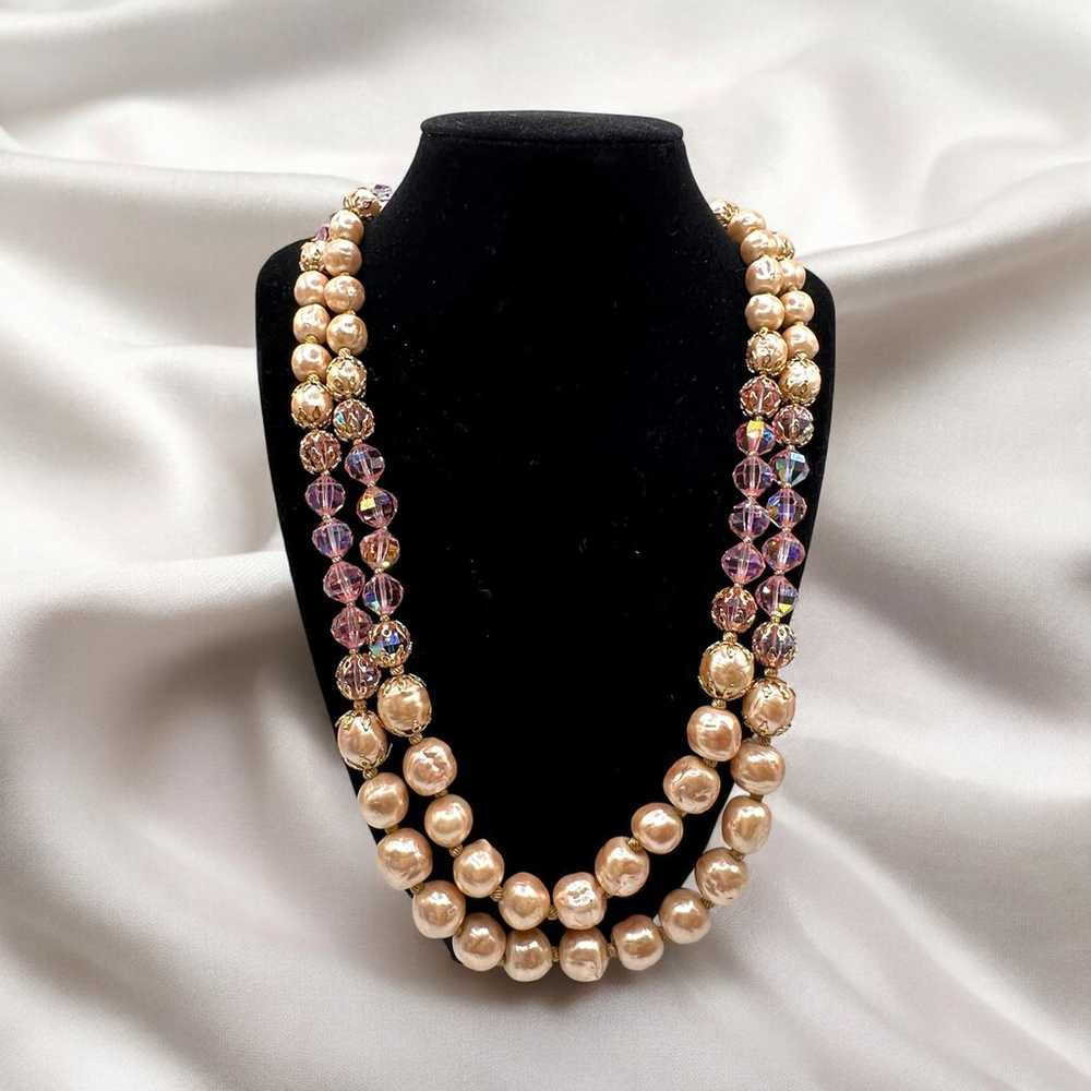 Vendome Necklace Double Strand Pink Faux Pearl & … - image 1