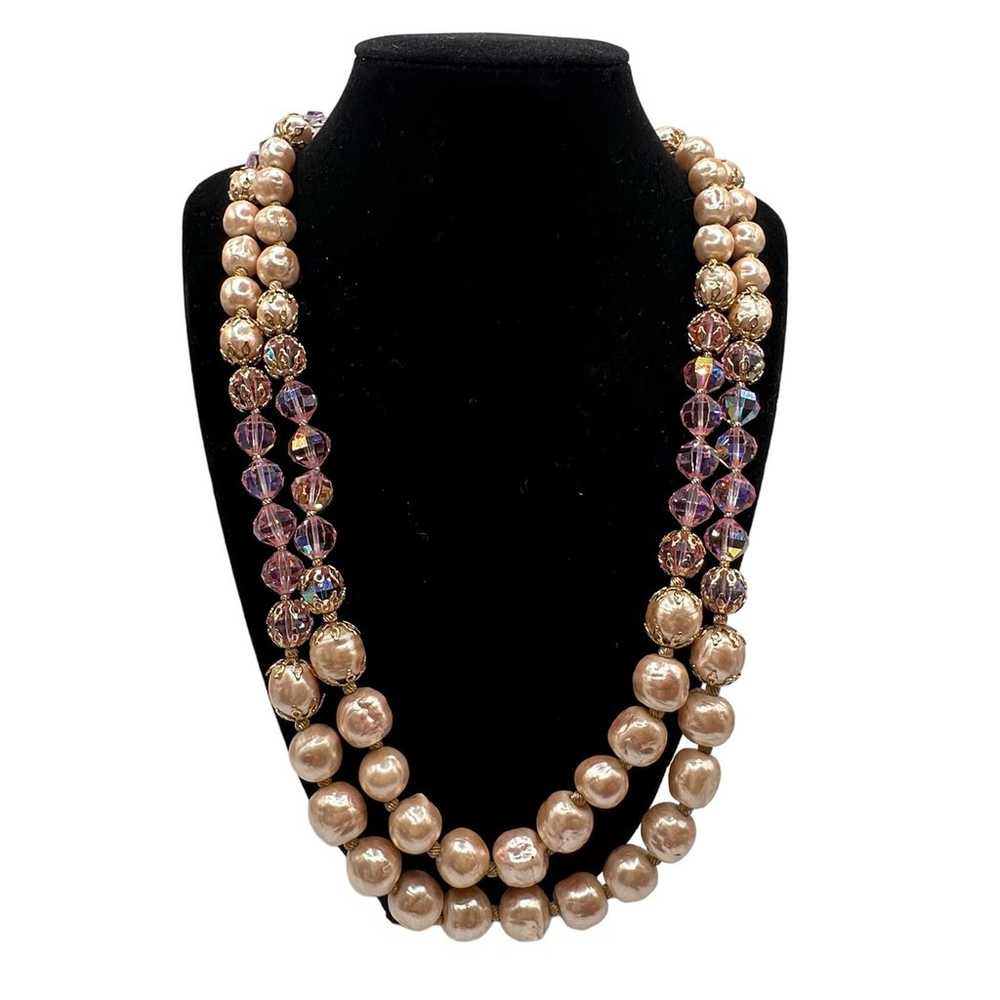 Vendome Necklace Double Strand Pink Faux Pearl & … - image 2