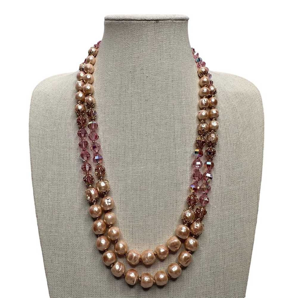 Vendome Necklace Double Strand Pink Faux Pearl & … - image 3