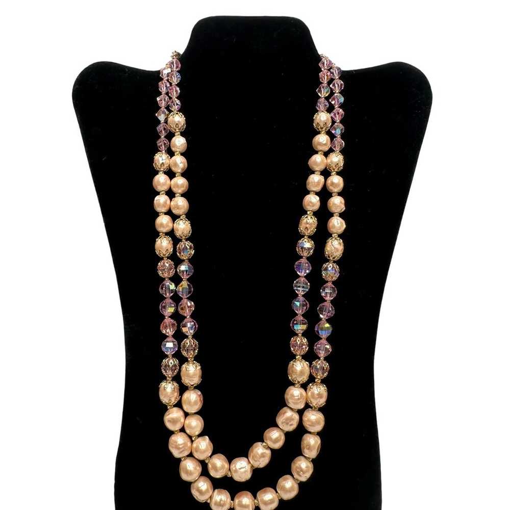 Vendome Necklace Double Strand Pink Faux Pearl & … - image 4