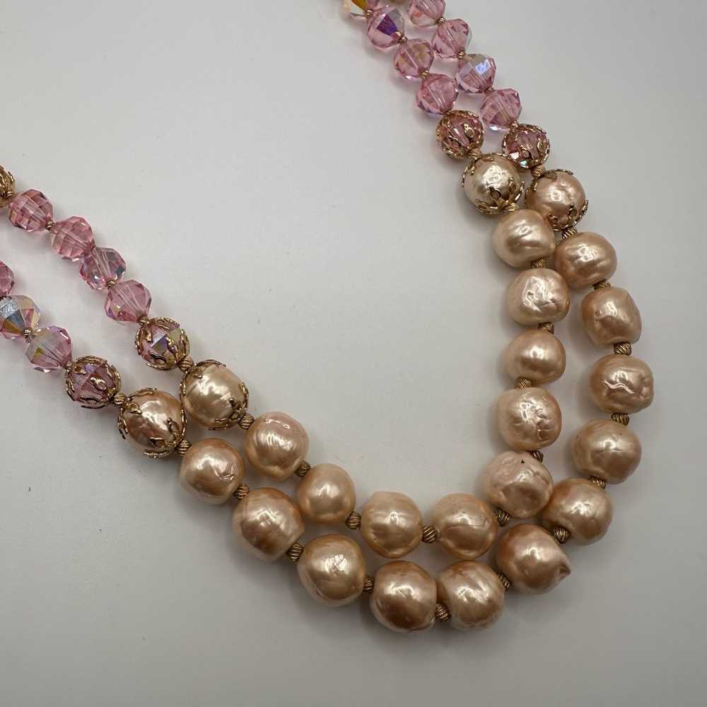 Vendome Necklace Double Strand Pink Faux Pearl & … - image 8