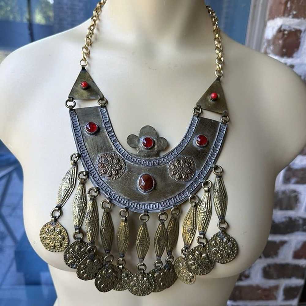 Vintage Egyptian Revival Bib Necklace Jeweled Gla… - image 1