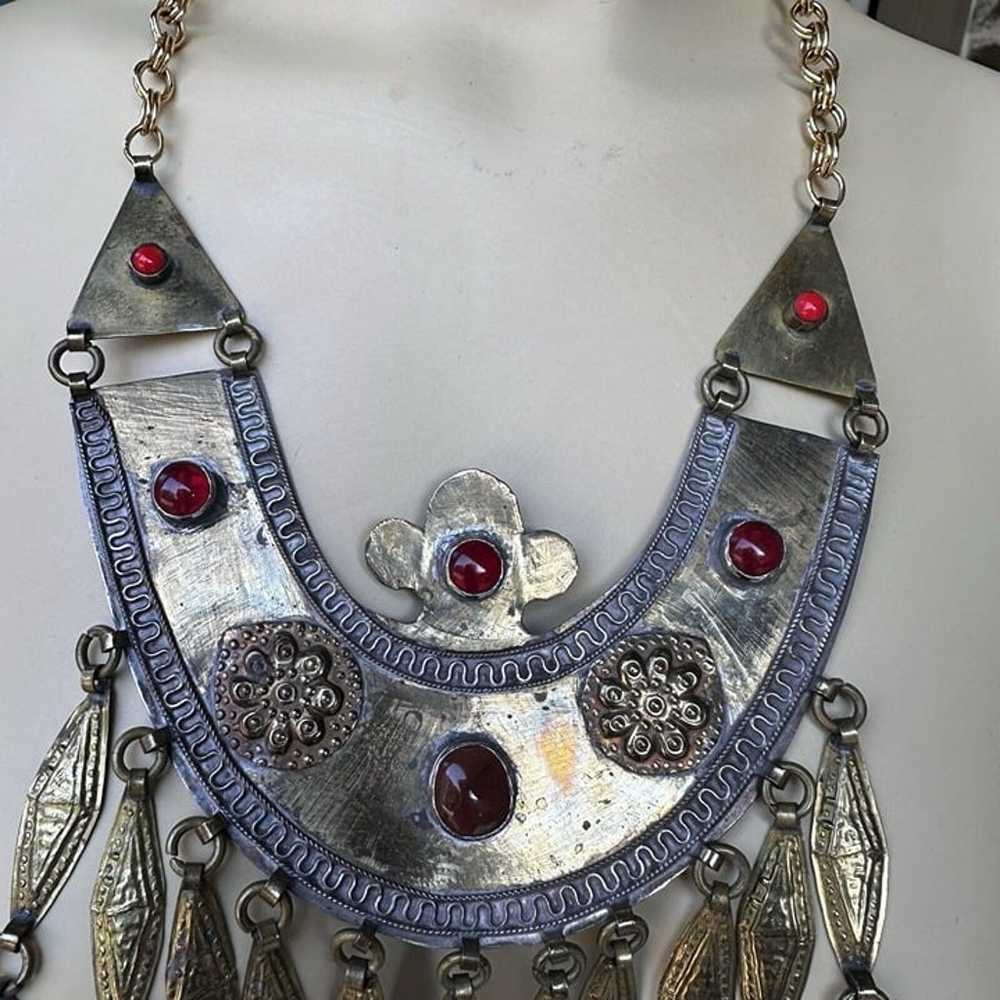 Vintage Egyptian Revival Bib Necklace Jeweled Gla… - image 2