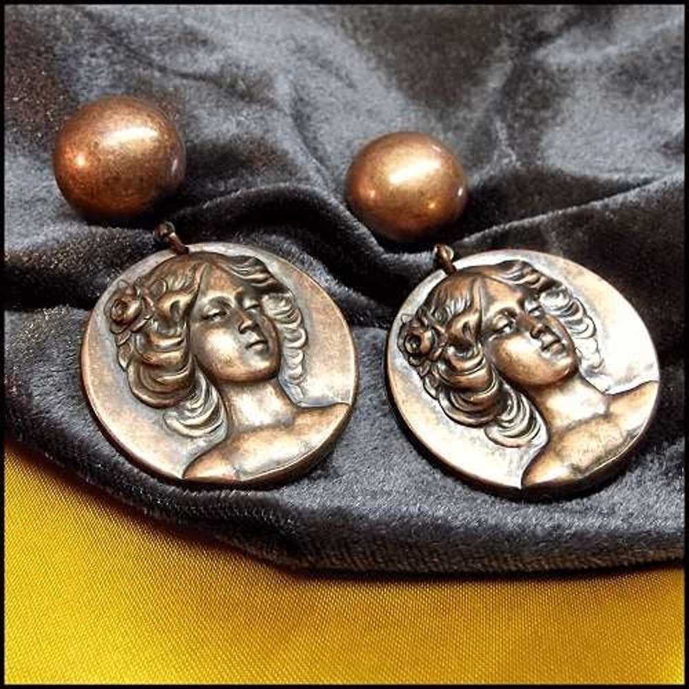 RARE Art Nouveau Style Lady Vintage Earrings - image 3