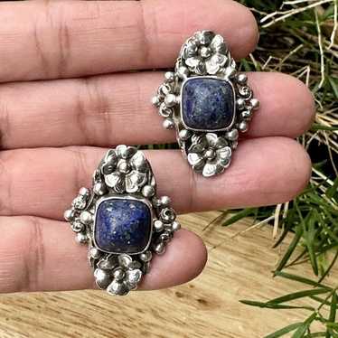 VTG Peruzzi 800 Fine Silver Earrings Floral Lapis… - image 1