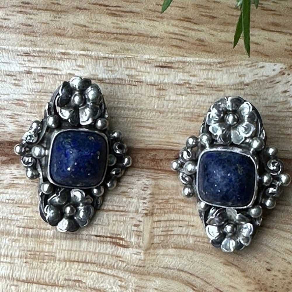 VTG Peruzzi 800 Fine Silver Earrings Floral Lapis… - image 2