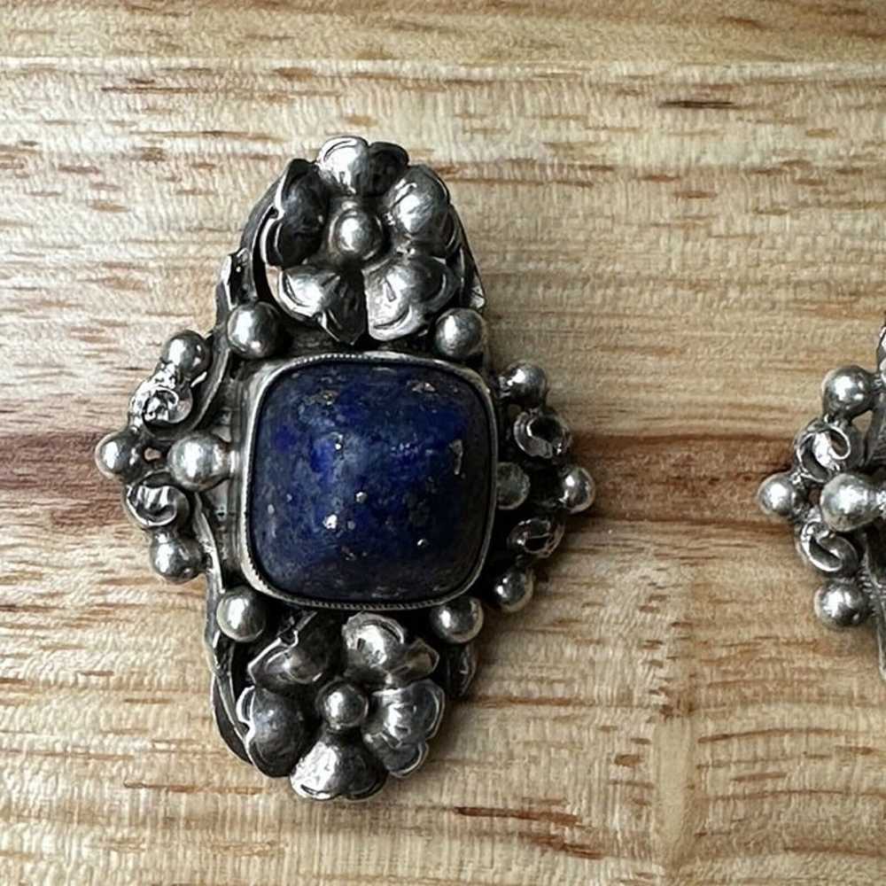 VTG Peruzzi 800 Fine Silver Earrings Floral Lapis… - image 3