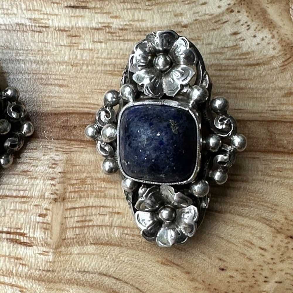 VTG Peruzzi 800 Fine Silver Earrings Floral Lapis… - image 4