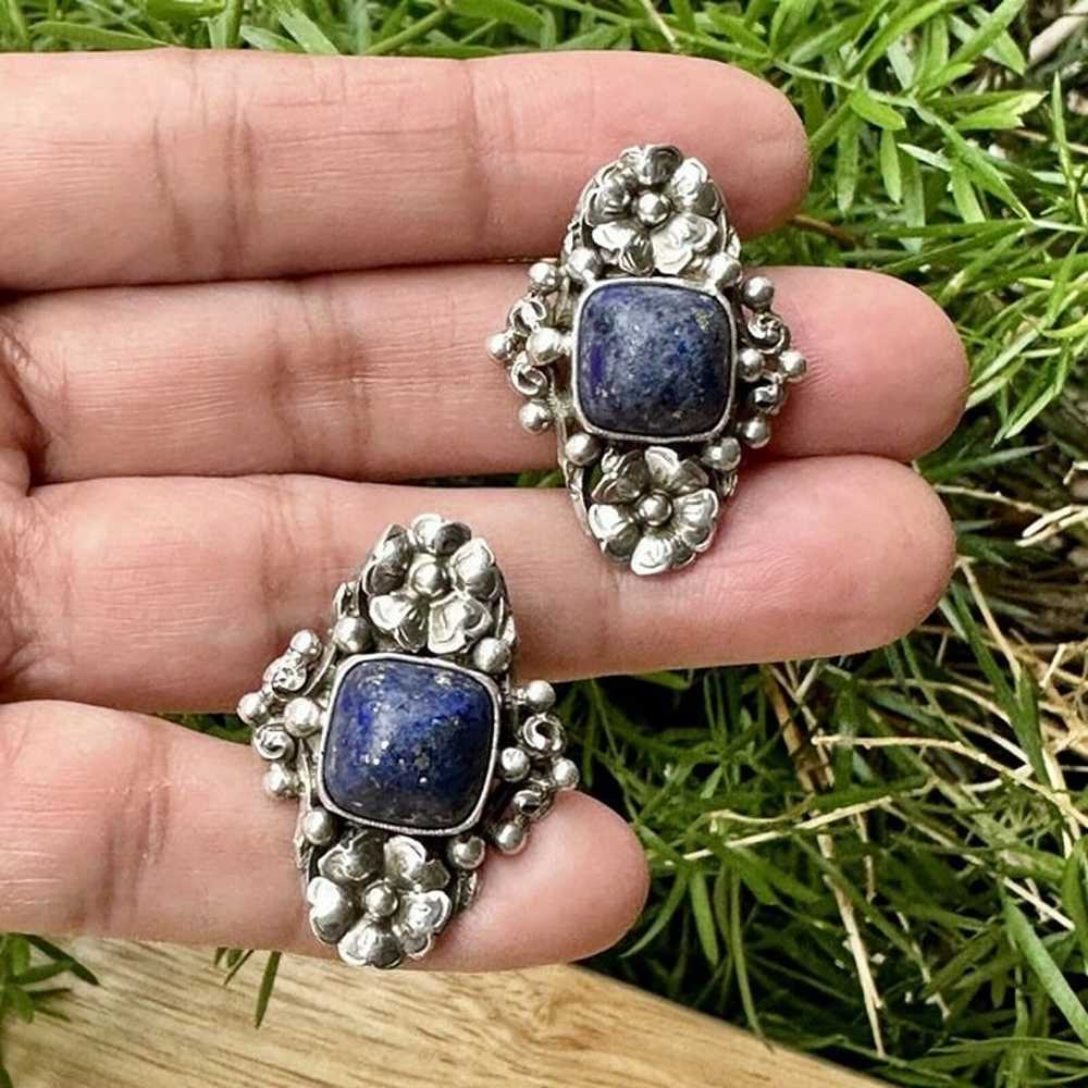 VTG Peruzzi 800 Fine Silver Earrings Floral Lapis… - image 9