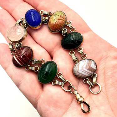 Vintage Antique Pocket Watch Chain Gemstone Carve… - image 1