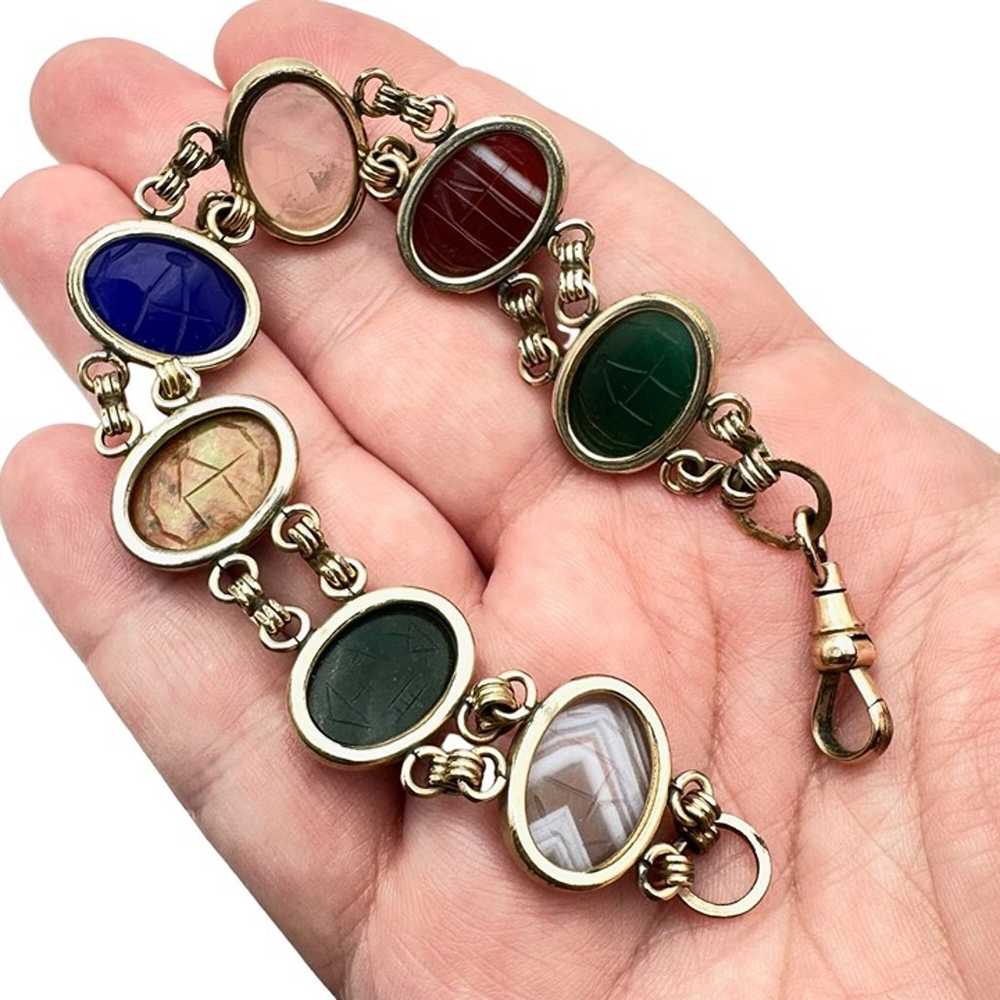 Vintage Antique Pocket Watch Chain Gemstone Carve… - image 4