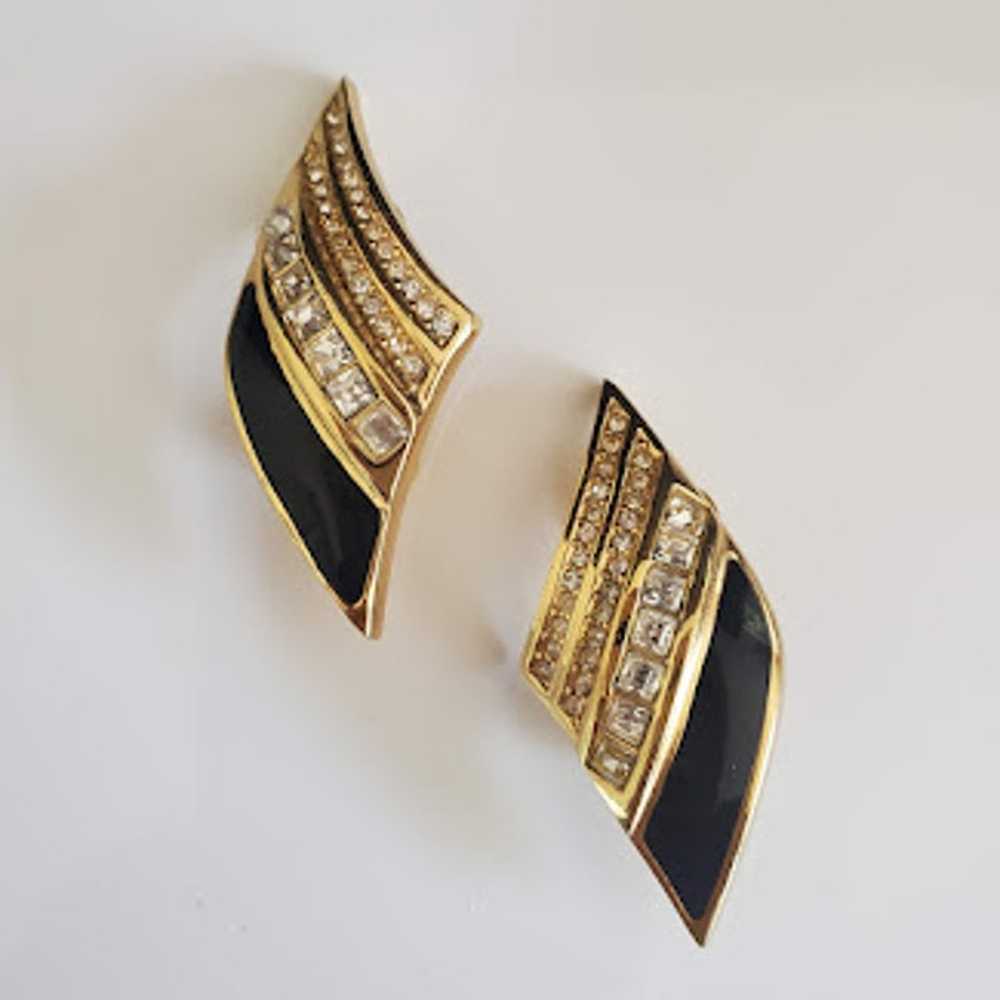 VTG Christian Dior Earrings Gold Plated Black Ena… - image 1