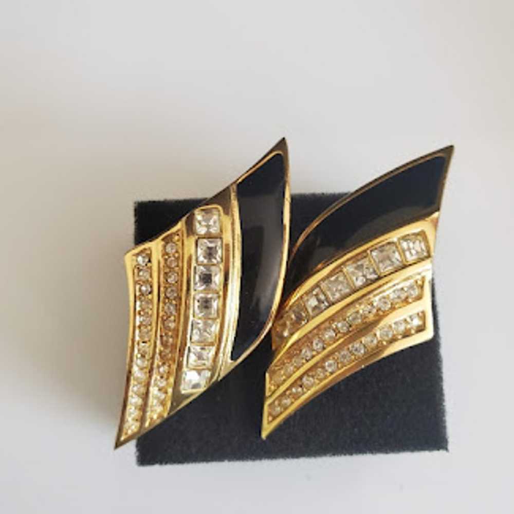 VTG Christian Dior Earrings Gold Plated Black Ena… - image 3