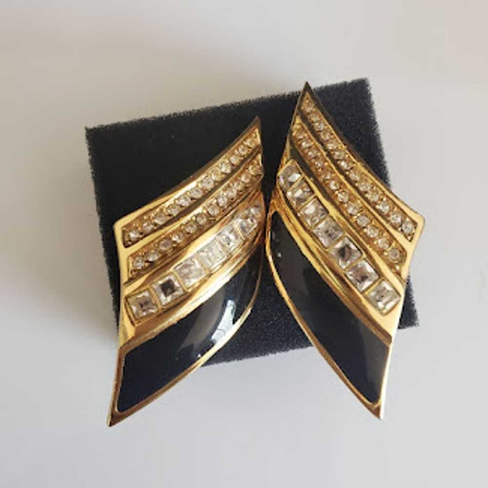 VTG Christian Dior Earrings Gold Plated Black Ena… - image 5