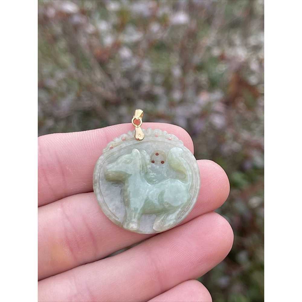 42ct Vintage 14k Gold Jade Carved Pendant Horse S… - image 7