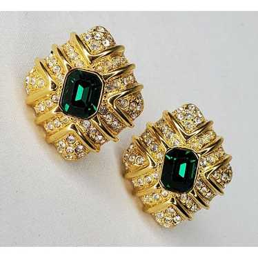 Vintage Joan Rivers Earrings Gold Tone Emerald Gr… - image 1