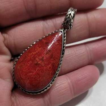 Vintage Coral Tear Drop Pendant 925 Sterling Silv… - image 1