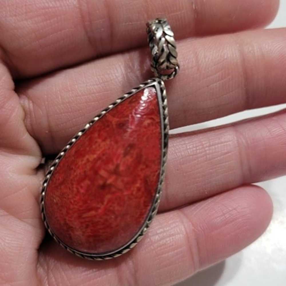 Vintage Coral Tear Drop Pendant 925 Sterling Silv… - image 2