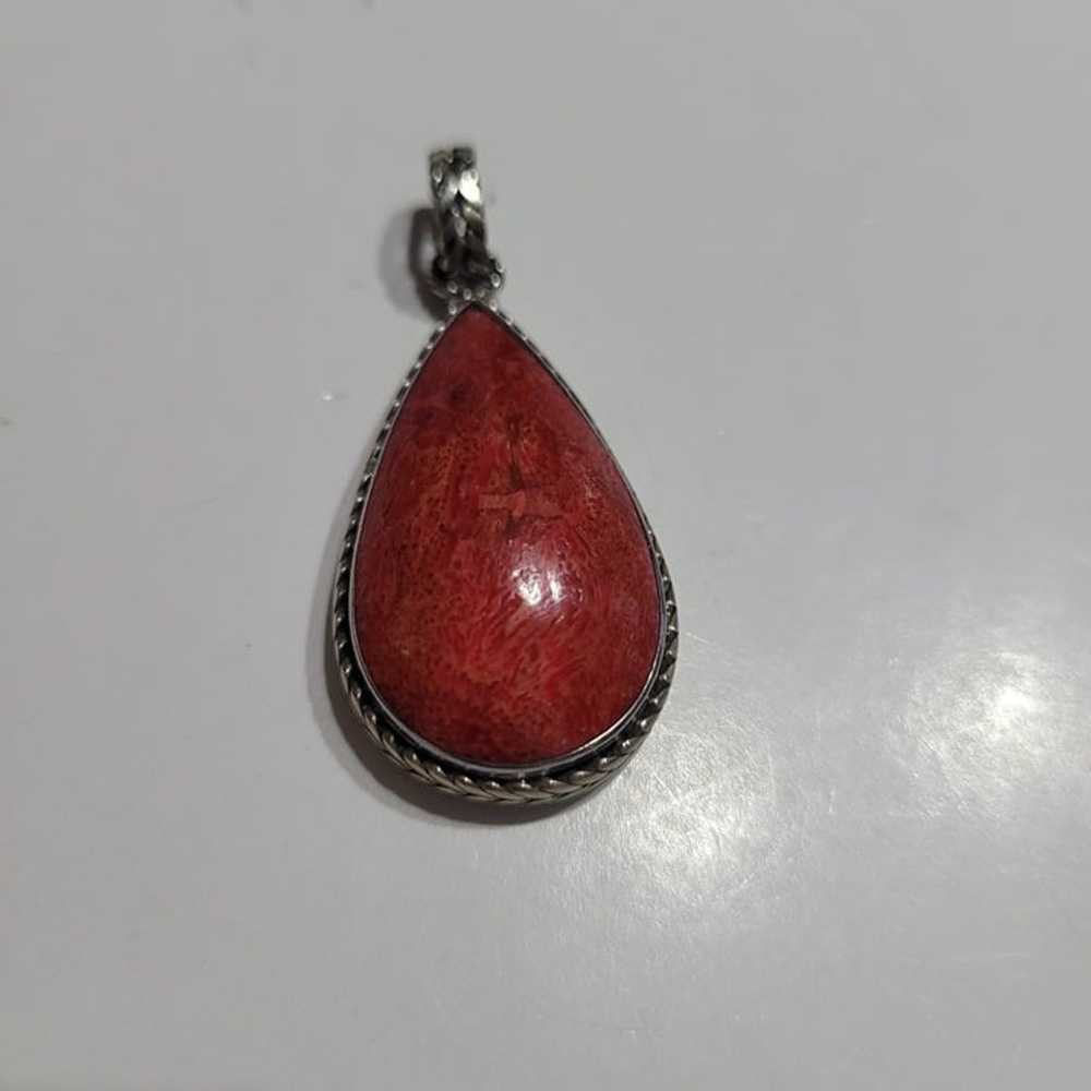 Vintage Coral Tear Drop Pendant 925 Sterling Silv… - image 4