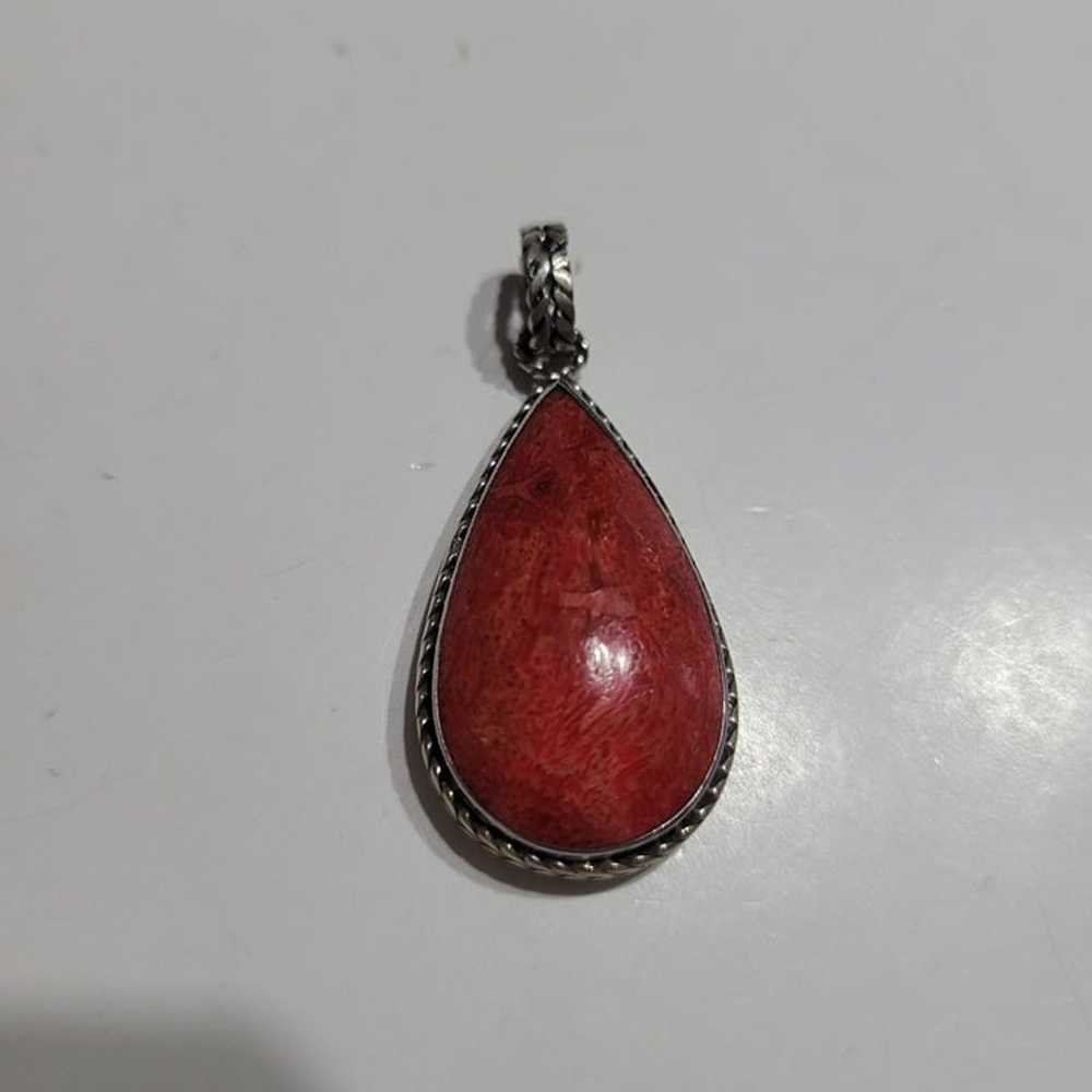 Vintage Coral Tear Drop Pendant 925 Sterling Silv… - image 5