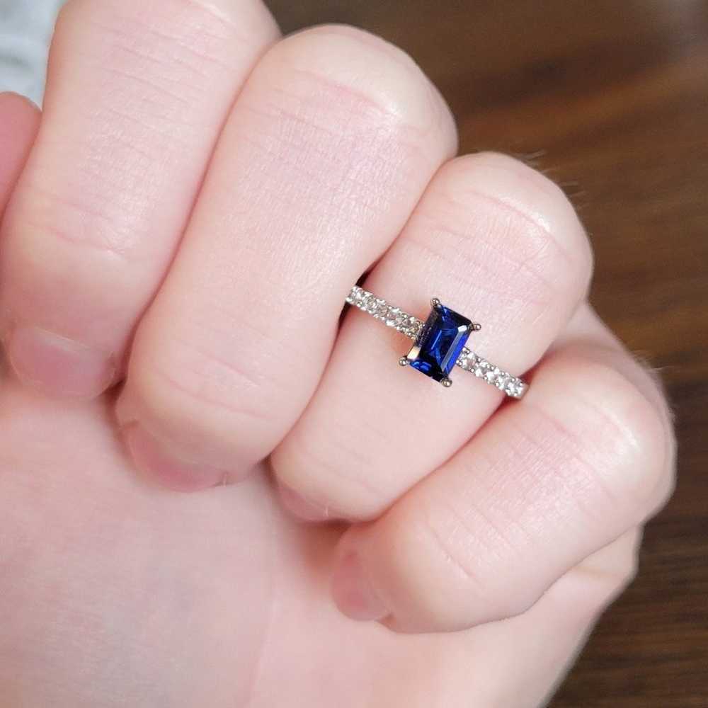 Vintage Sapphire Ring Emerald Cut Ring Silver 925… - image 1