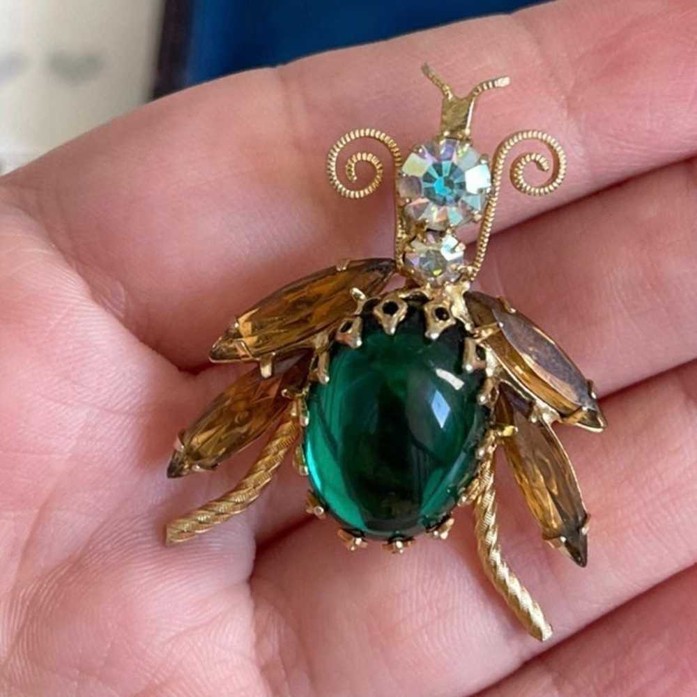 Juliana style brooch Jelly Belly Bug Green Gold R… - image 2