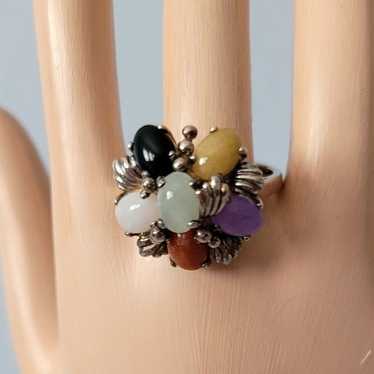 Sterling Silver Multi-color Jade Cluster Ring 8 - image 1