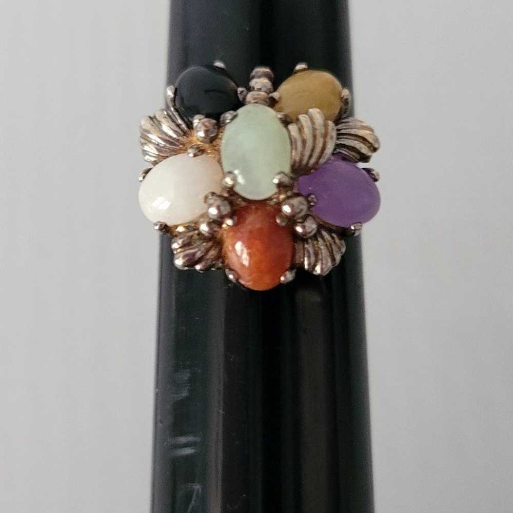 Sterling Silver Multi-color Jade Cluster Ring 8 - image 2