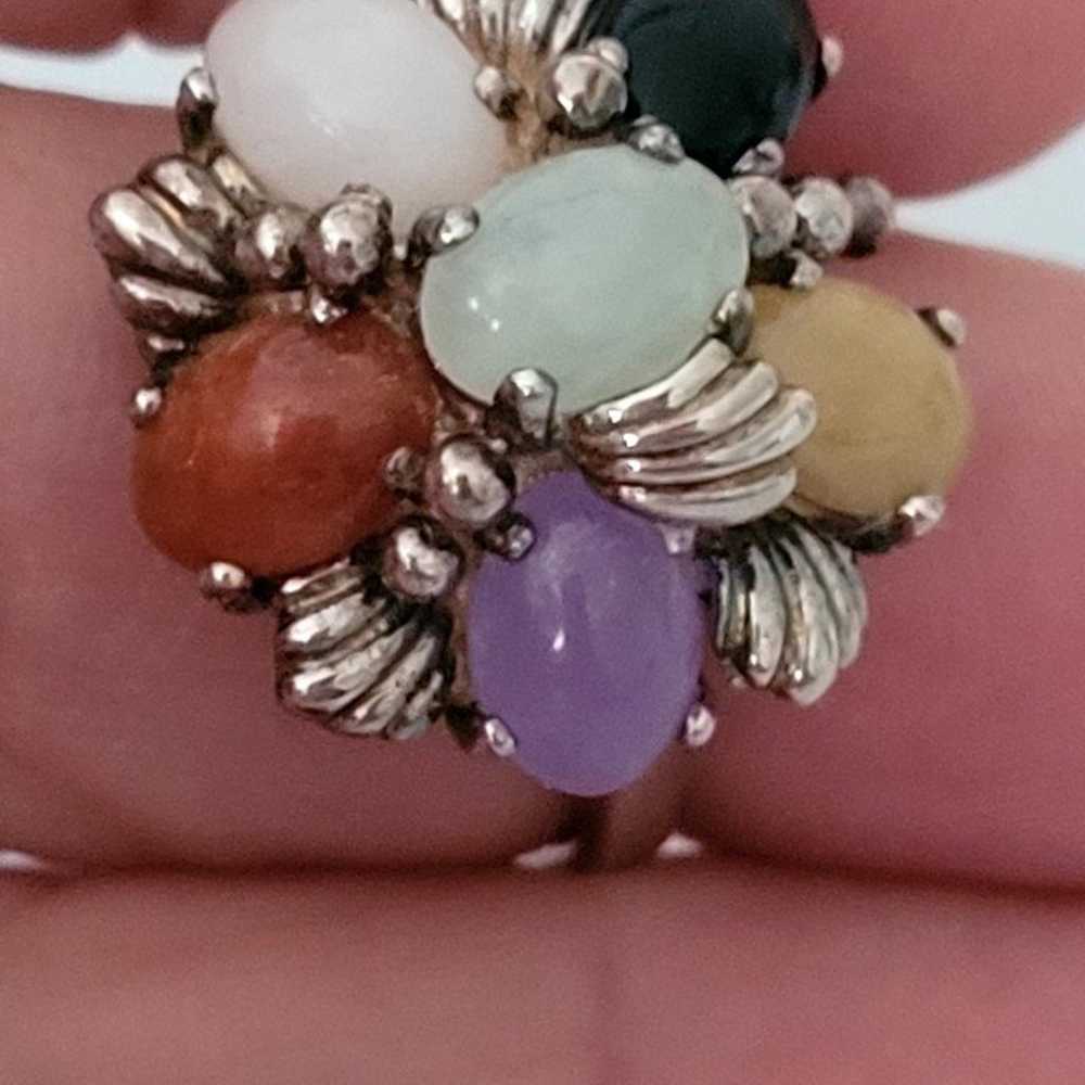 Sterling Silver Multi-color Jade Cluster Ring 8 - image 8