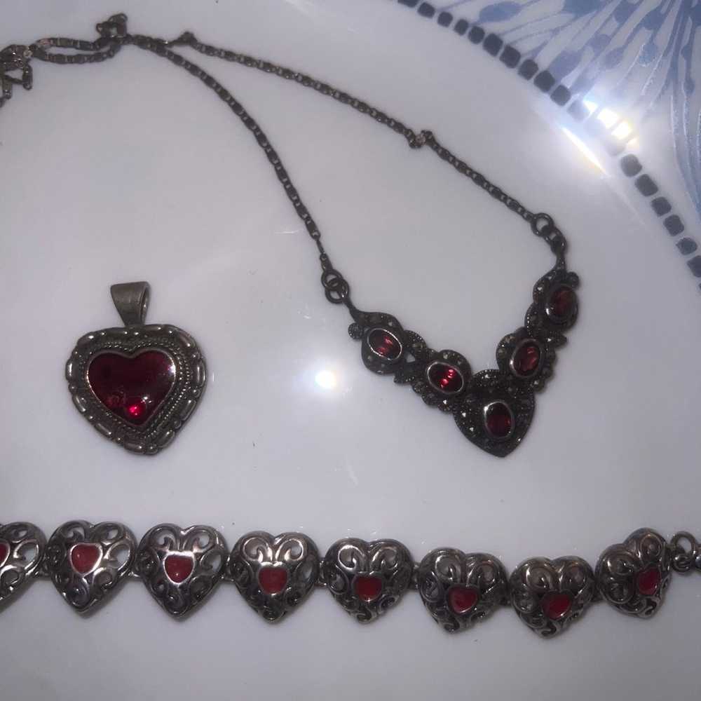 Red and silver heart themed jewelry lot - image 1