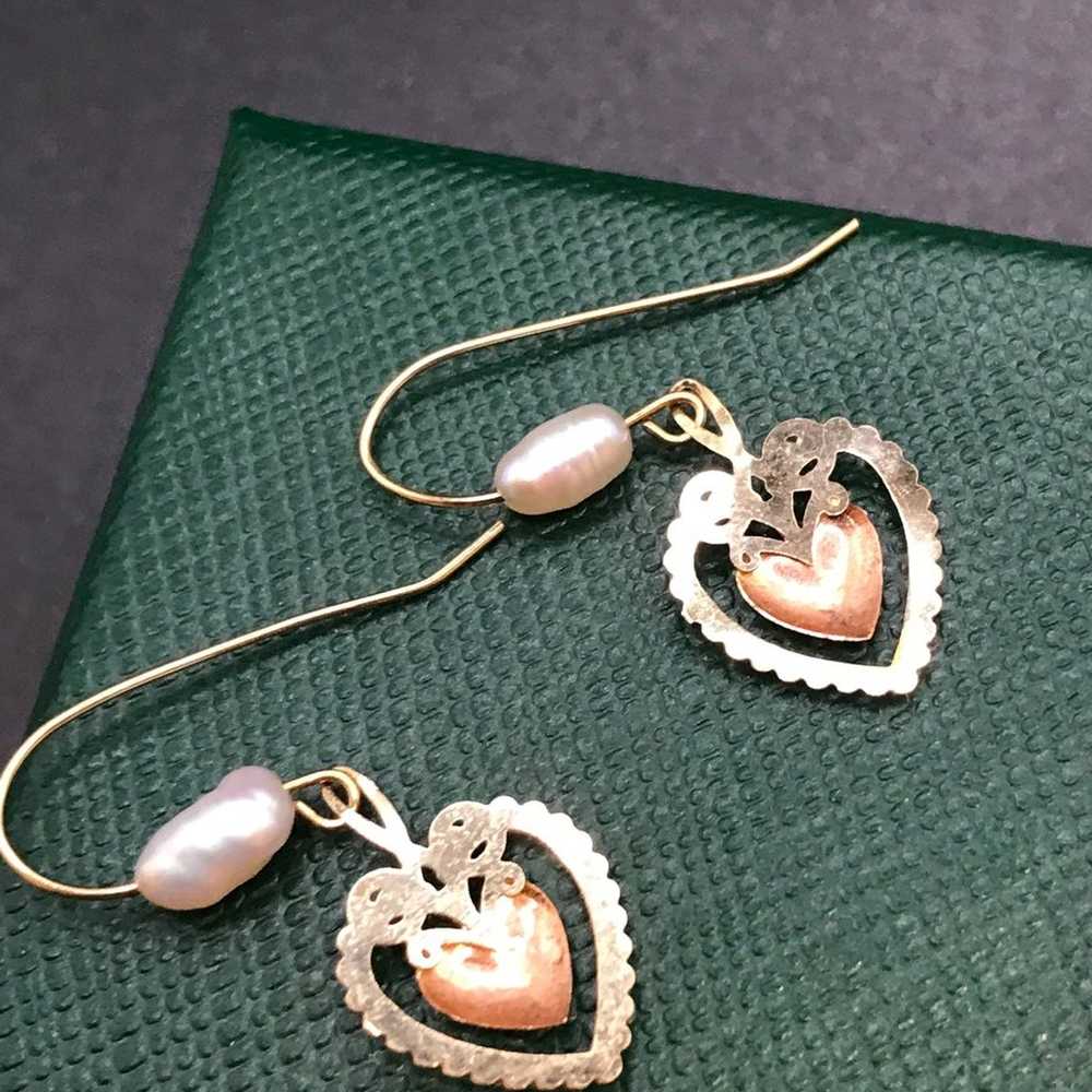 VINTAGE 14K YELLOW & ROSE GOLD PEARL HEART EARRIN… - image 1