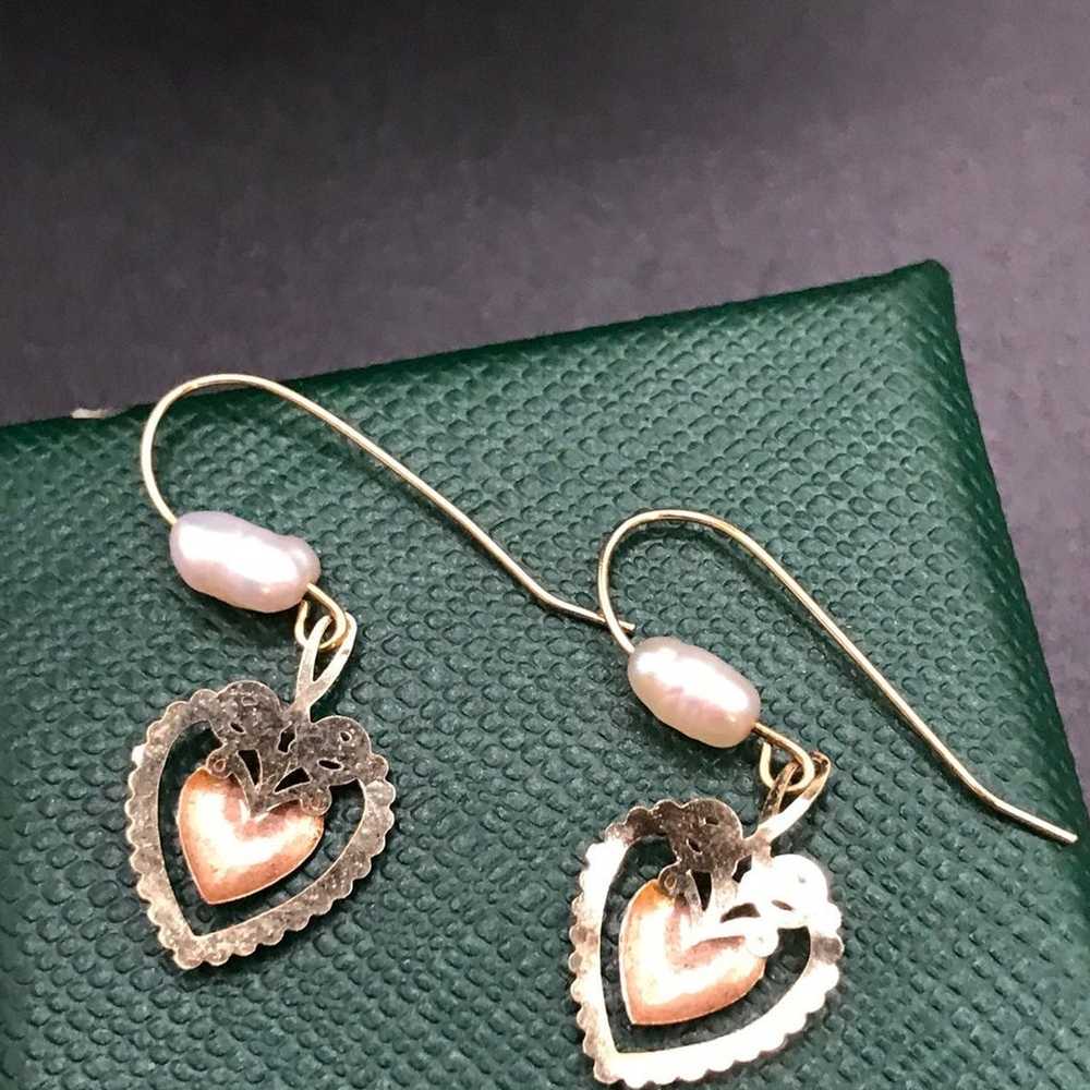 VINTAGE 14K YELLOW & ROSE GOLD PEARL HEART EARRIN… - image 2