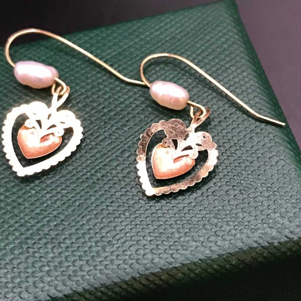 VINTAGE 14K YELLOW & ROSE GOLD PEARL HEART EARRIN… - image 3