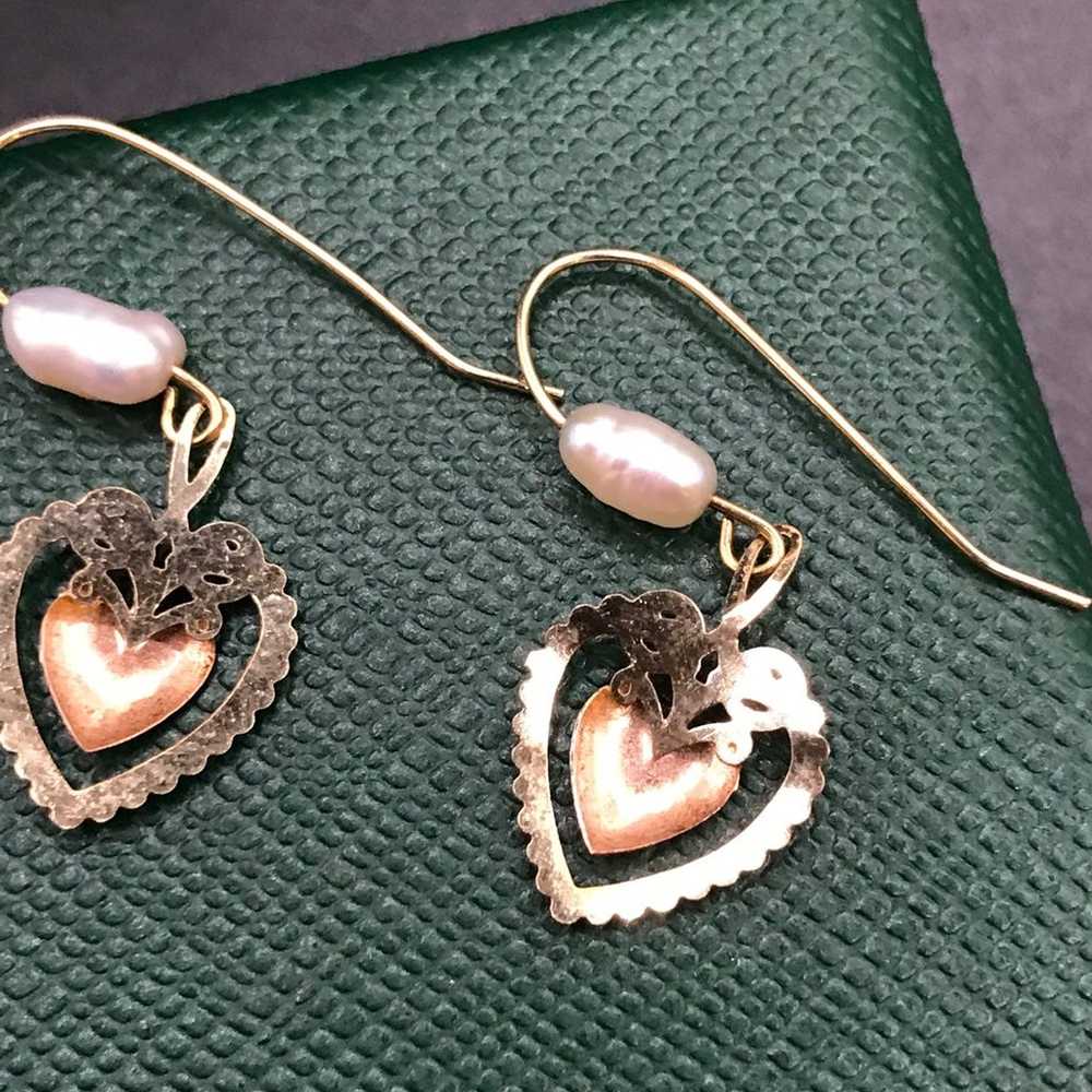 VINTAGE 14K YELLOW & ROSE GOLD PEARL HEART EARRIN… - image 5