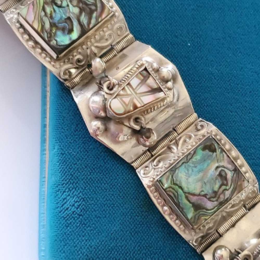 Vintage Sterling Silver Panel Bracelet Abalone Az… - image 2