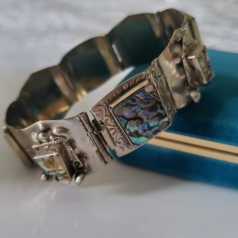 Vintage Sterling Silver Panel Bracelet Abalone Az… - image 6