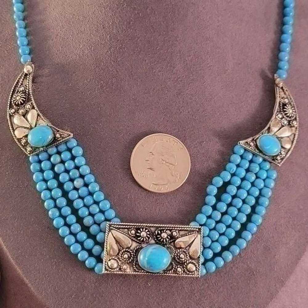 Vintage 900 Silver Turquoise Beaded Bib Boho Stat… - image 8