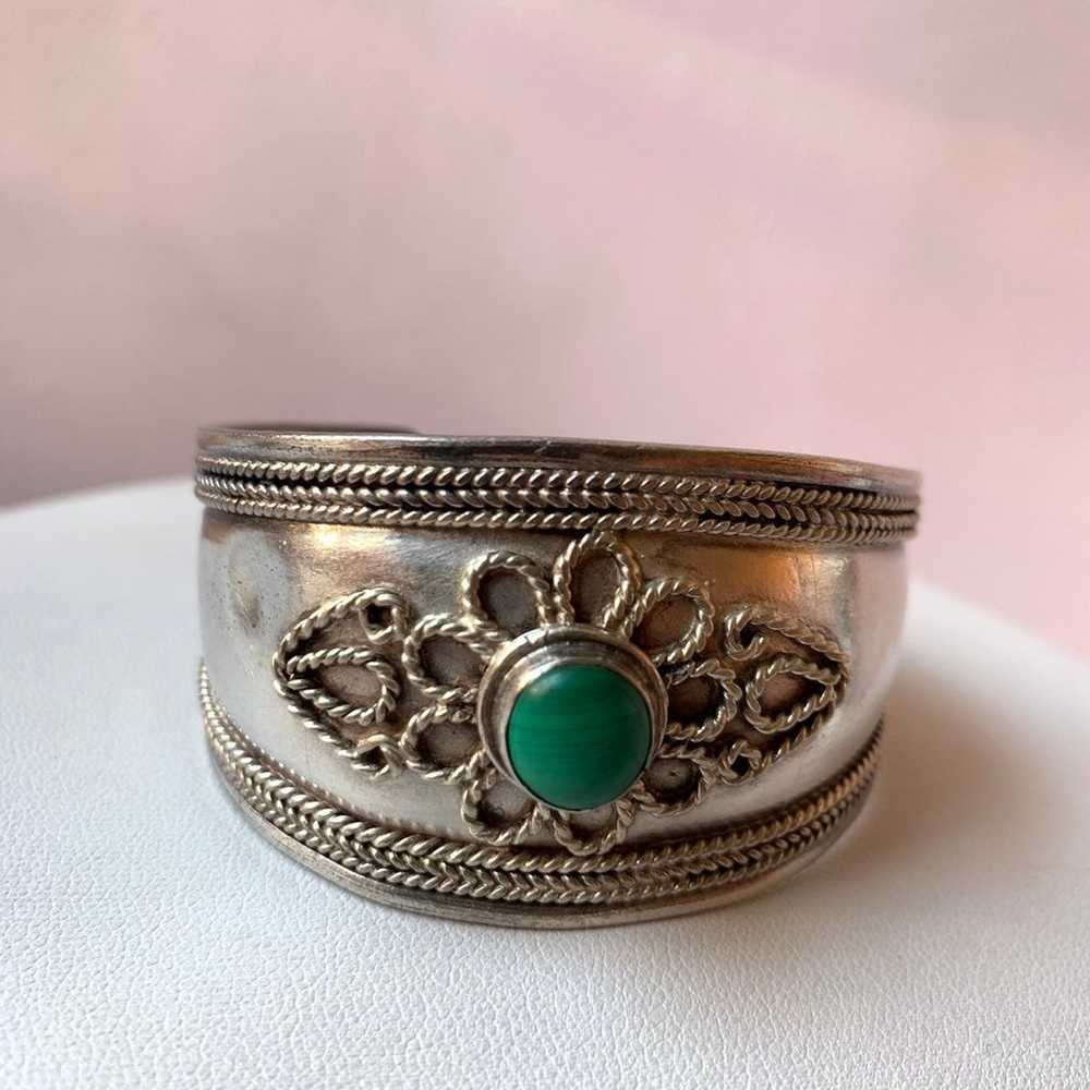 VINTAGE 925 SILVER MALACHITE BRACELET - image 2