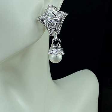 Judith Ripka Sterling Silver Pearl Drop CZ Earrin… - image 1