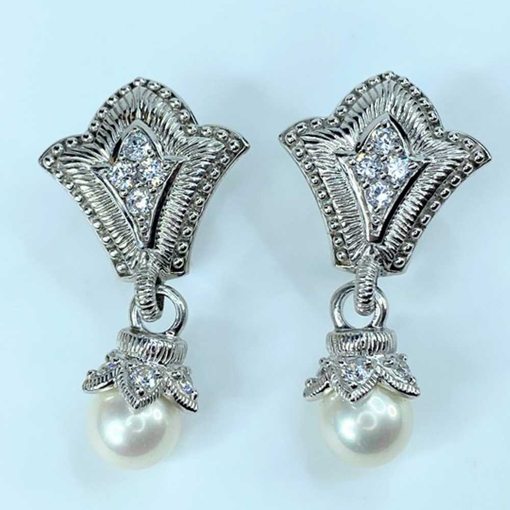 Judith Ripka Sterling Silver Pearl Drop CZ Earrin… - image 4