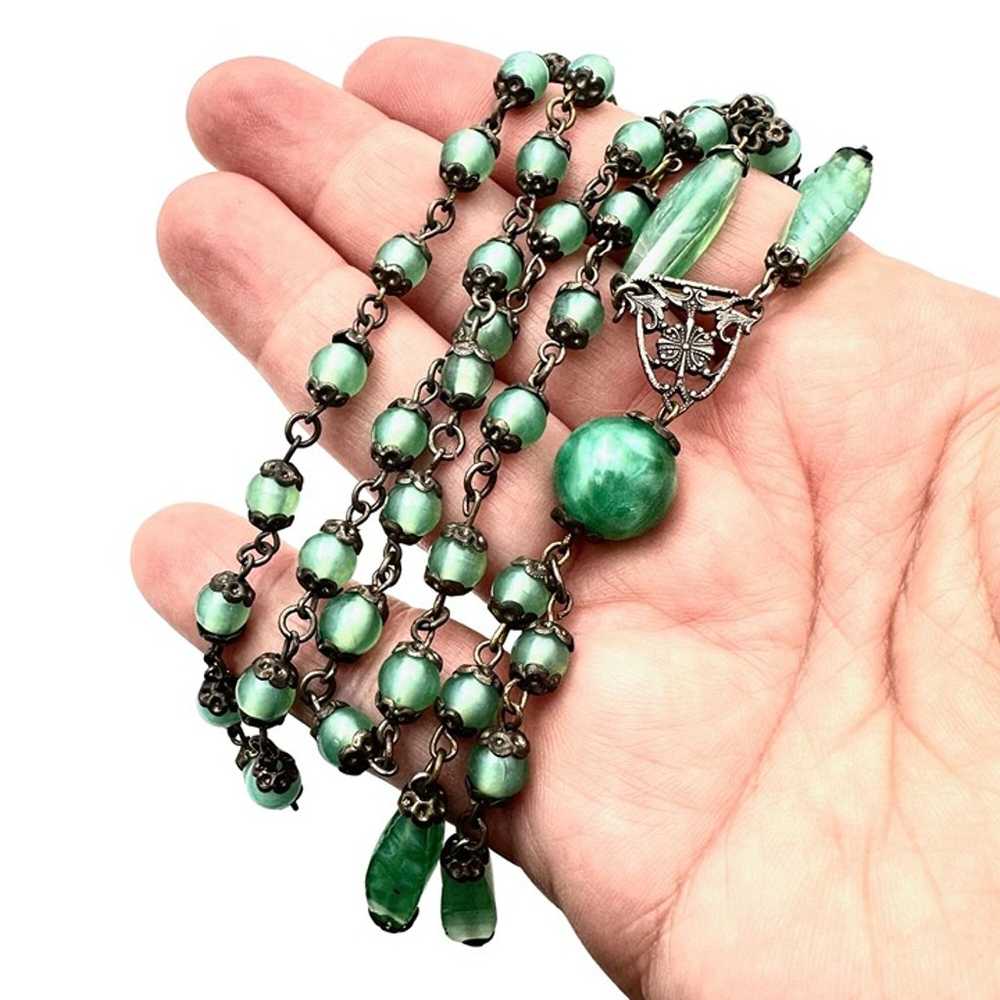 Vintage Art Deco Womens Necklace Silver Tone Gree… - image 1