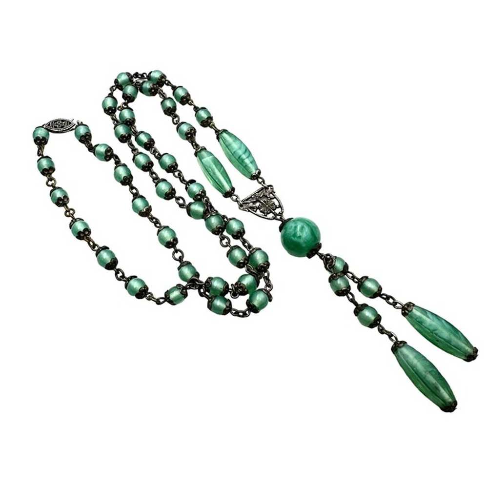 Vintage Art Deco Womens Necklace Silver Tone Gree… - image 3