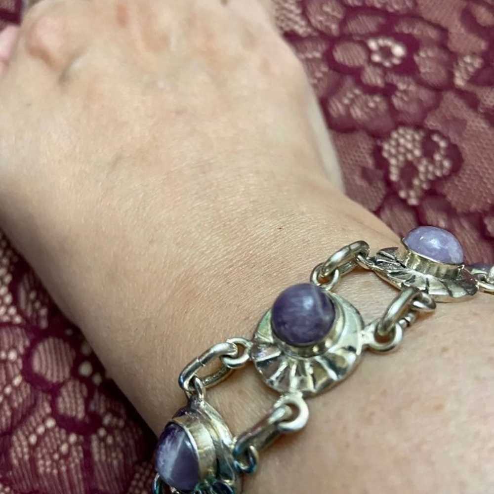 Vintage Modernist Silver & Amethyst Link Bracelet - image 1