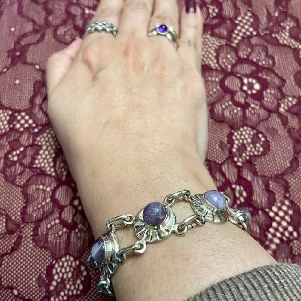 Vintage Modernist Silver & Amethyst Link Bracelet - image 2