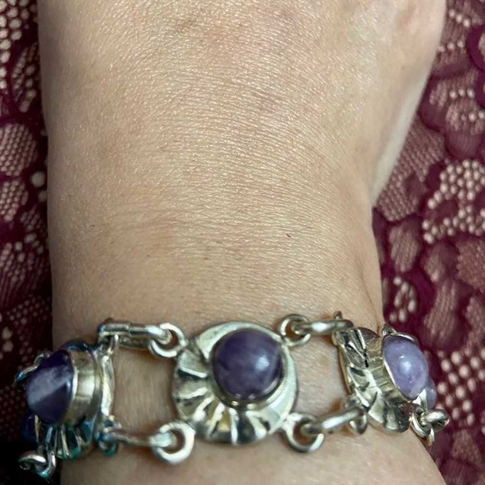 Vintage Modernist Silver & Amethyst Link Bracelet - image 3