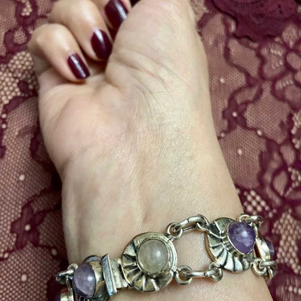 Vintage Modernist Silver & Amethyst Link Bracelet - image 4