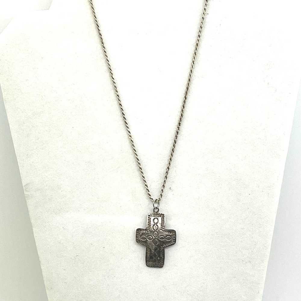 Mexican Sterling Engraved Cross Necklace - image 2