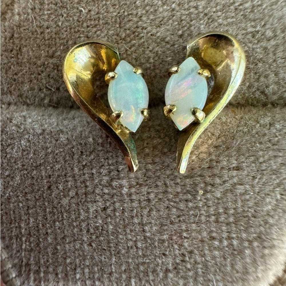 Antique solid 14k yellow gold genuine opal earrin… - image 5