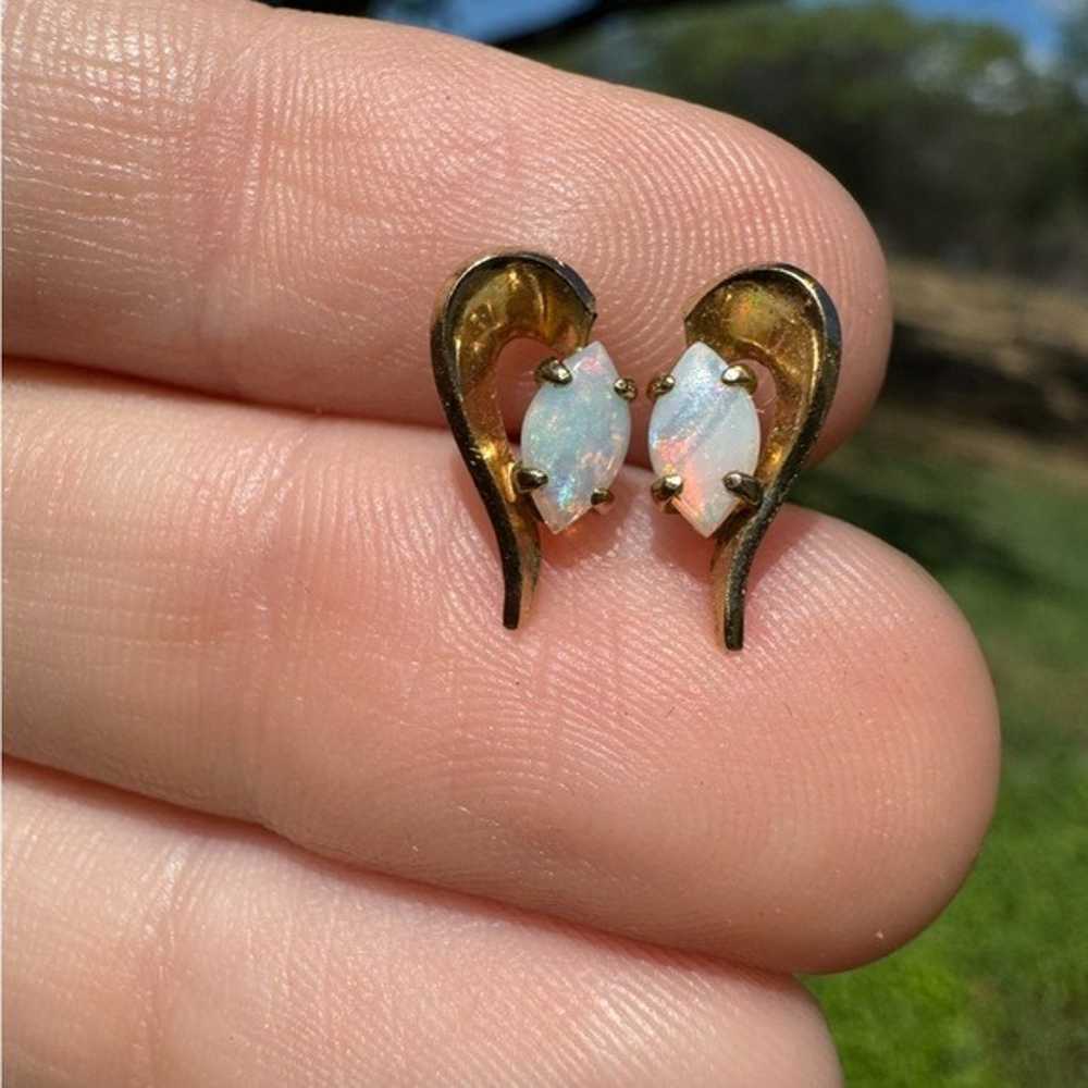 Antique solid 14k yellow gold genuine opal earrin… - image 8