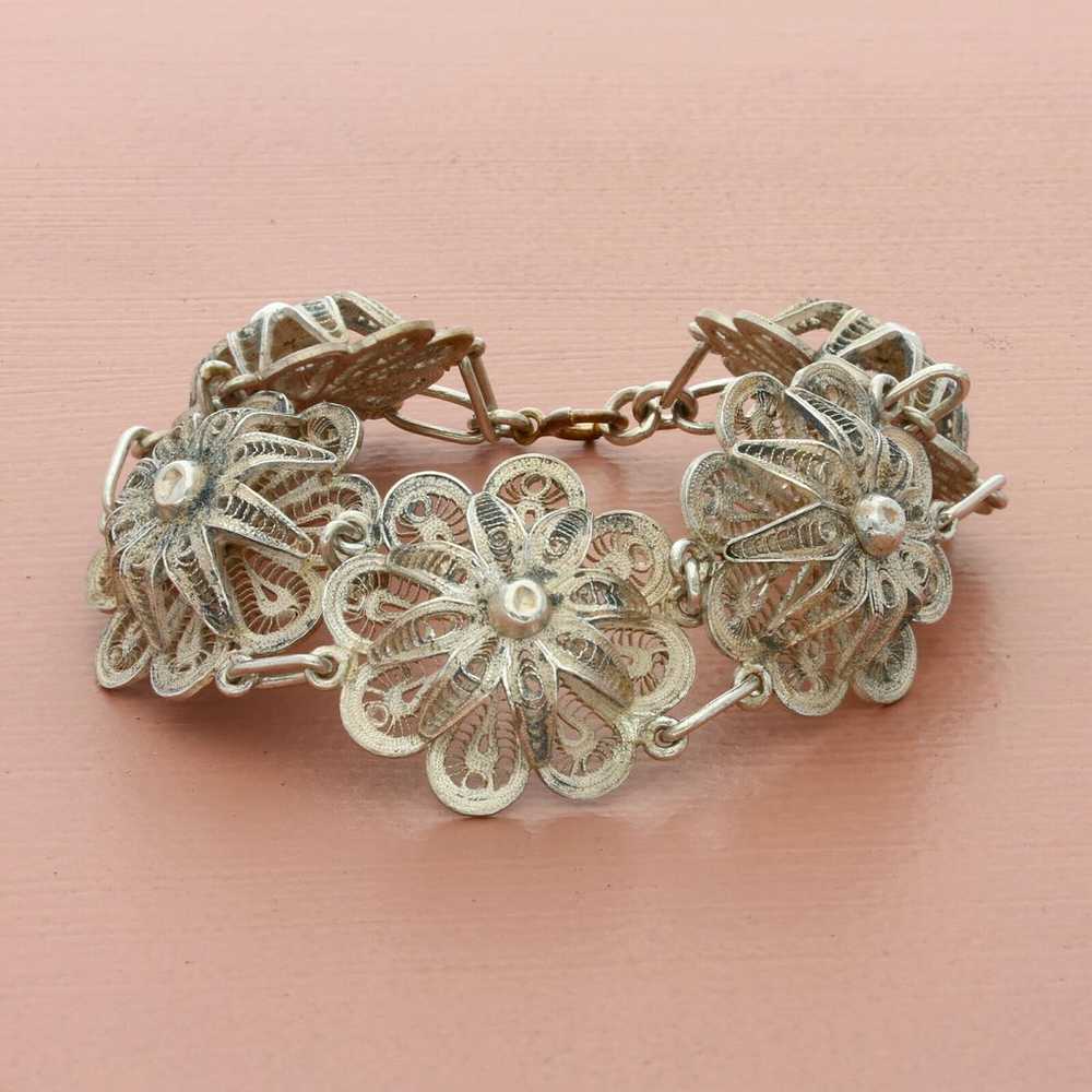 sterling silver 980 taxco filigree flower link br… - image 1